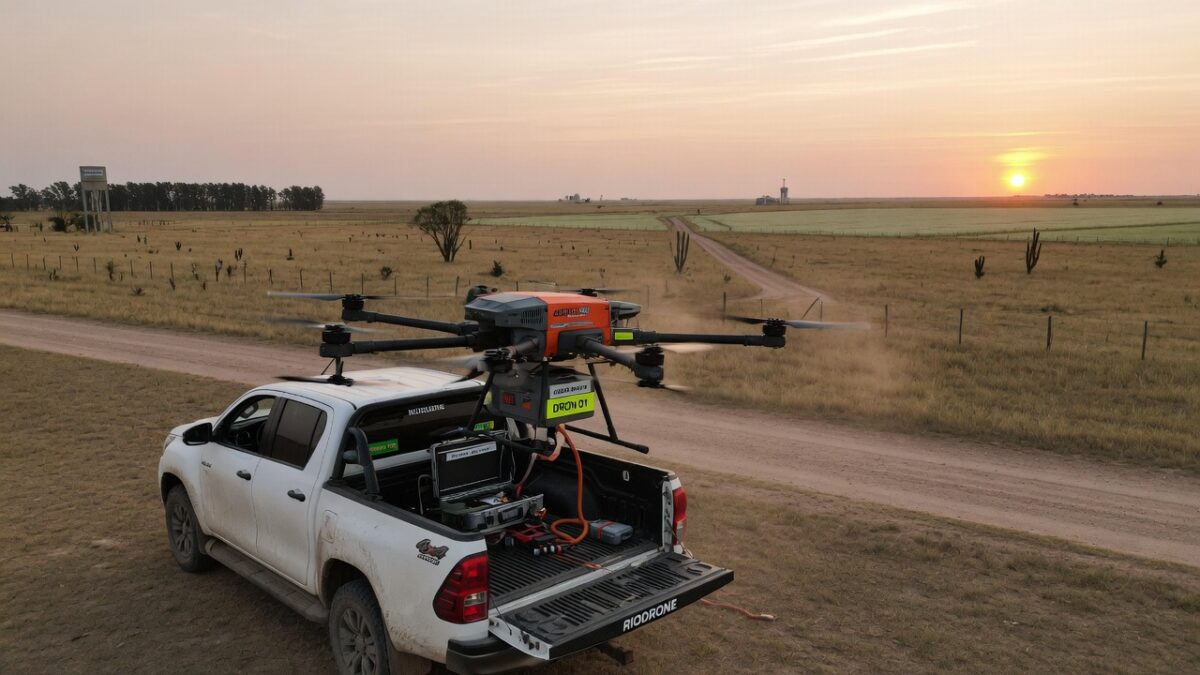 Un drone profesional sobrevolando un lote de maíz en las afueras de Río Cuarto durante el atardecer.