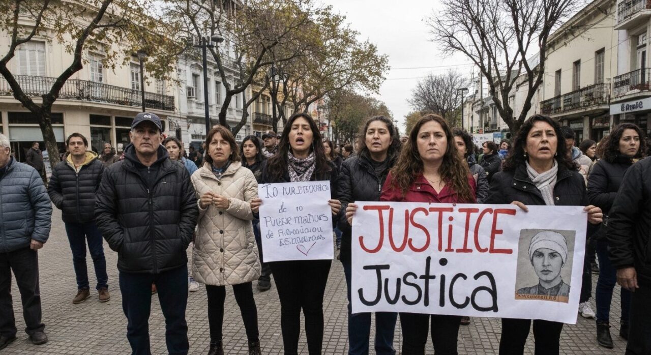 Manifestantes marchando en Río Cuarto con carteles pidiendo justicia por Agostina Vega