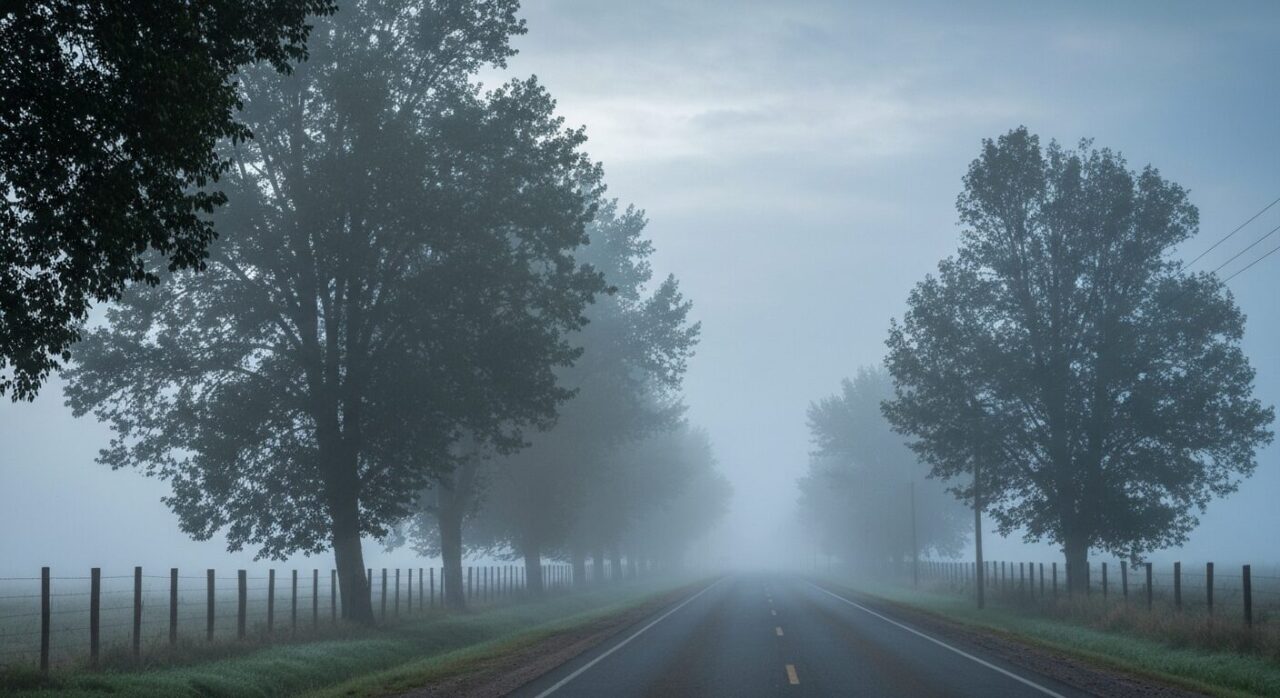 Un camino rural cubierto de niebla con árboles a los costados y cielo nublado al fondo